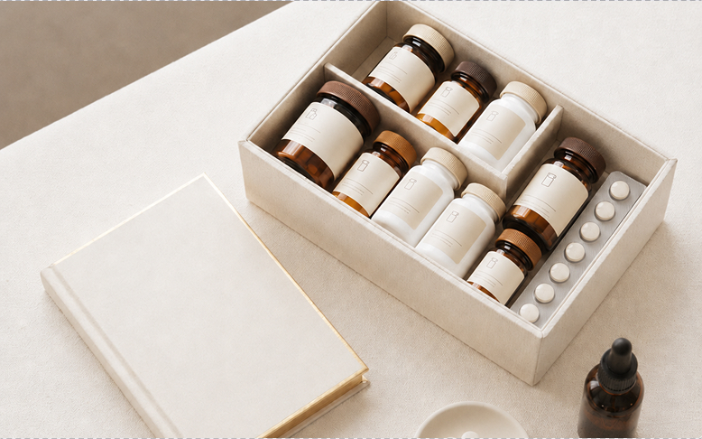 Prescription Pack — organized kit with 11 labeled prescription bottles